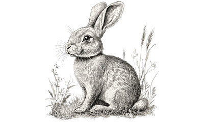 Rabbit Engraved Illustration, Hand-drawn Woodland Scene, Vintage Animal Print, Rustic Wall Decor, Black Sketch Effect, Nature Wildlife Art, Old Engraving Style, Trendy Home Decor