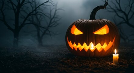 Obraz premium Halloween pumpkin in spooky forest scene