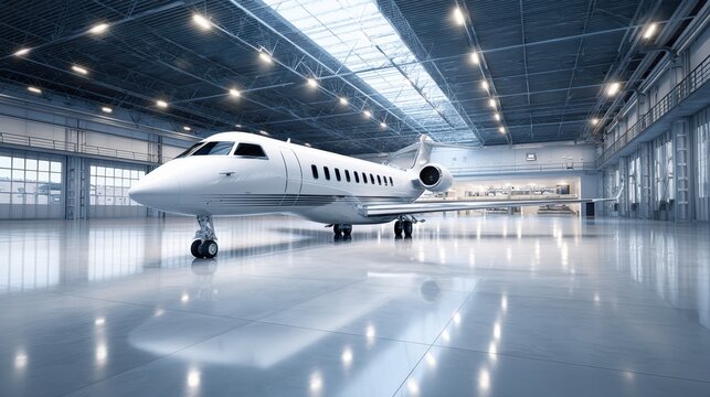 A sleek private jet parked inside a spacious, modern aircraft hangar with polished floors and bright lighting.