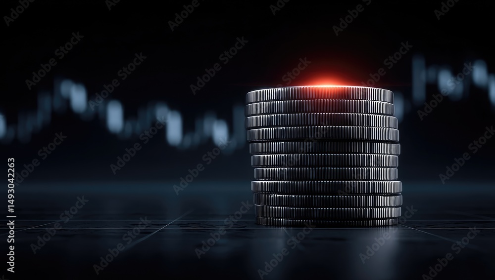 Aufkleber shiny metallic coin stack with red glow on dark financial chart background highlighting finance conc