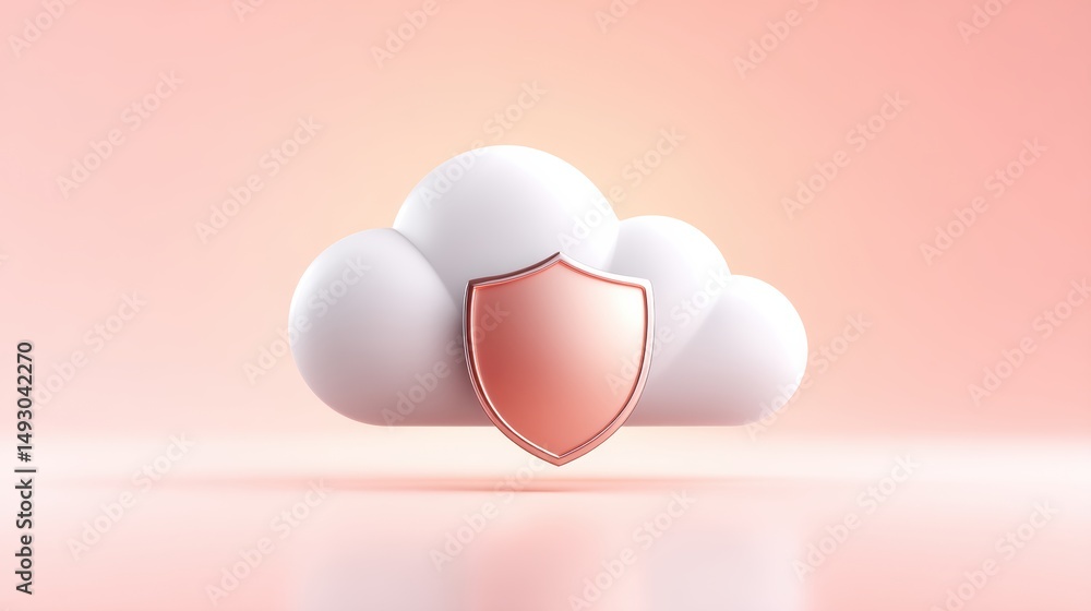 Poster cloud with a shield icon symbolizing cloud security and data protection on a soft pink background.