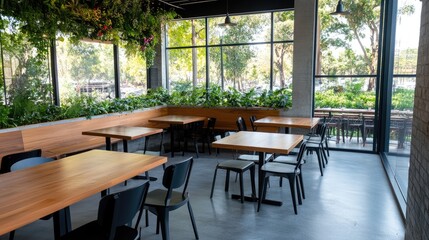Fototapeta premium Restaurant interior with plants and large windows