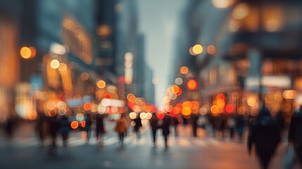 Fototapeta premium Abstract blurred urban city street scene with people walking and colorful bokeh lights at night