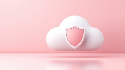 A white cloud with a pink shield icon floats against a pastel pink background, symbolizing cloud security and protection.