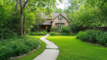 Charming house with picturesque path welcoming entrance to cozy abode inviting