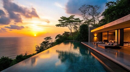 Fototapeta premium Modern minimalist luxury villa with an infinity pool overlooking the ocean, floor-to-ceiling glass walls, sleek concrete construction and golden hour lighting.