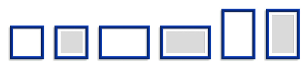 Set of six blue photo frames in various orientations and aspect ratios, isolated on white background with soft shadows.