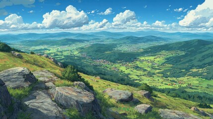 A stunning image of view from a mountain peak overlooking meadows below. Countryside scene in anime style.