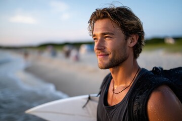 Fototapeta premium An adventurous surfer carrying his board walks along the beach at sunset, showcasing a lifestyle filled with exploration, nature, and the thrill of the ocean waves.
