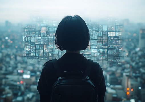Person contemplating urban skyline, overlaid with numerous screens