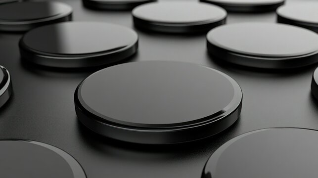 Close-up of many black, round, polished discs