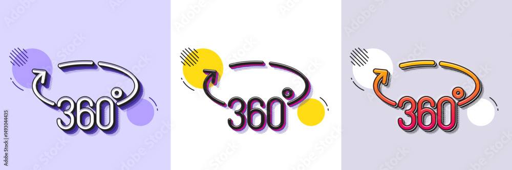 Poster 360 degrees line icon. halftone dotted pattern. gradient icon with grain shadow. vr simulation sign.