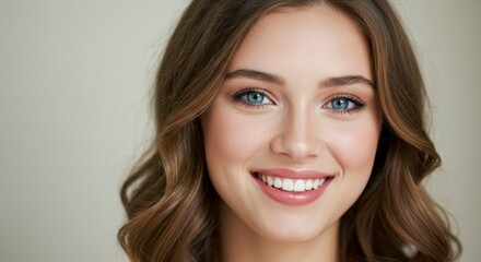 A close-up portrait of a young woman with light brown wavy hair and bright blue eyes, showcasing a radiant smile and flawless complexion