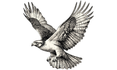 Vintage hawk drawing, hand-drawn engraving, bird of prey wings spread, black sketch art, rustic wildlife illustration, old style nature print, antique feather detail