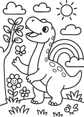 Cute Cartoon Dinosaurs in Prehistoric Landscape for Coloring Book