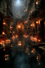 Obraz premium Submerged gothic village beneath black ocean waves, streetlamps still glowing under water, drowned villagers float midair as if frozen in time