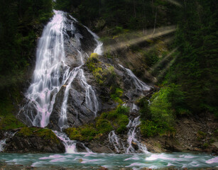 Waterfall Schleierwasserfall in the Osttirol region on a summer rainy day