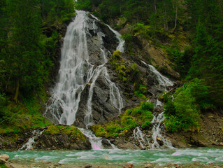 Waterfall Schleierwasserfall in the Osttirol region on a summer rainy day