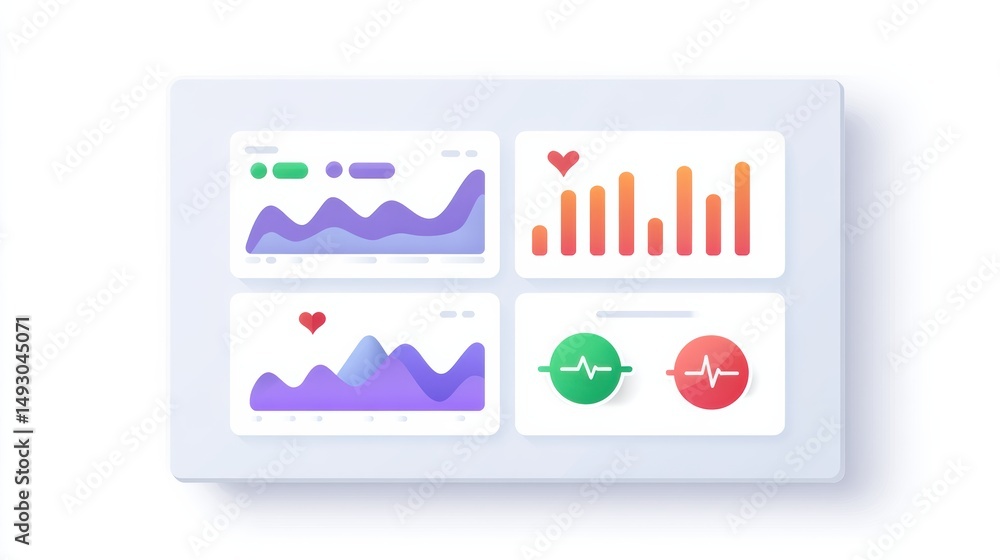 Poster a digital dashboard with colorful charts and heart health indicators on a white background.