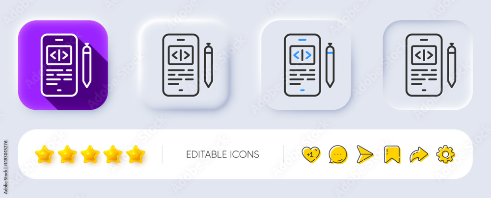 Poster phone code line icon. neumorphic, flat shadow, 3d buttons. smartphone app sign. cellphone mobile dev