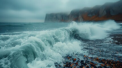 A dramatic seascape with powerful ocean waves crashing against a rocky coastline on a moody, foggy day.