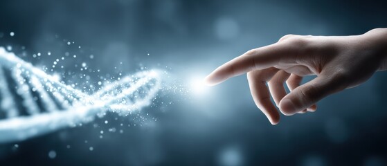 A human hand reaches towards a glowing DNA strand, symbolizing the connection between science, technology, and genetics.