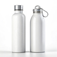 Plain White Aluminum Water Bottle with Black Cap on Minimal Gray Background,Minimalist image of a plain white bottle with a black cap placed against a light grey background.