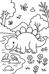 Cute Cartoon Dinosaurs in Prehistoric Landscape for Coloring Book