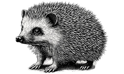 Hedgehog standing still, vintage animal etching, detailed wildlife line art, monochrome rustic art, hand-etched forest creature, natural history print, old engraving style, woodland art