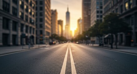 Obraz premium City street at sunrise, with blurred buildings and a clear road