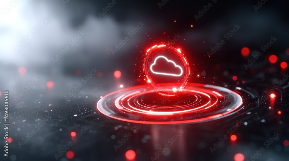 Poster futuristic glowing cloud icon surrounded by red digital effects, symbolizing advanced cloud technolo