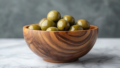 Green olives in wooden bowl