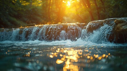 Golden sunlight streams through a tranquil forest, illuminating a cascading waterfall flowing over rocks into a peaceful creek.