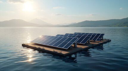 Floating solar farm on a serene lake, Ai generated image