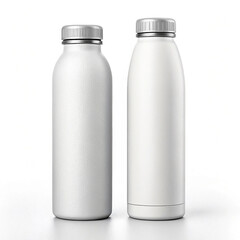 Plain White Aluminum Water Bottle with Black Cap on Minimal Gray Background,Minimalist image of a plain white bottle with a black cap placed against a light grey background.