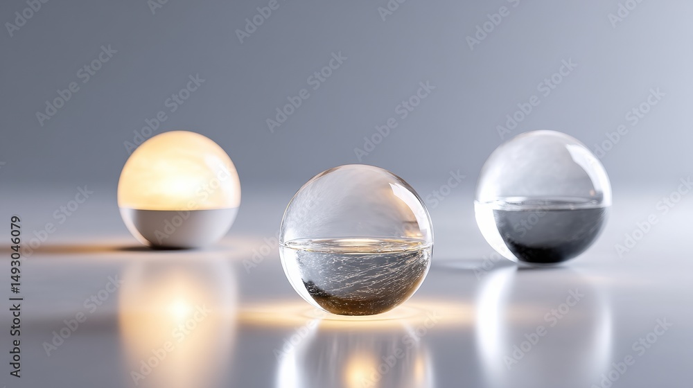 Poster three transparent glass spheres with liquid inside are placed on a smooth reflective surface, each i