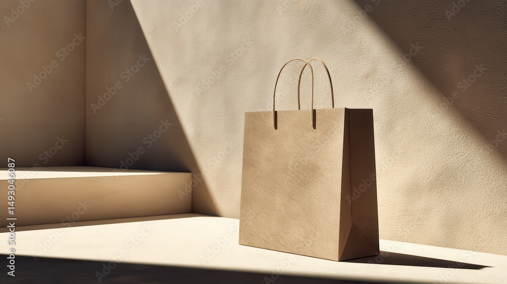 Poster a stunning image of minimalist product display featuring a textured kraft paper bag casting subtle s
