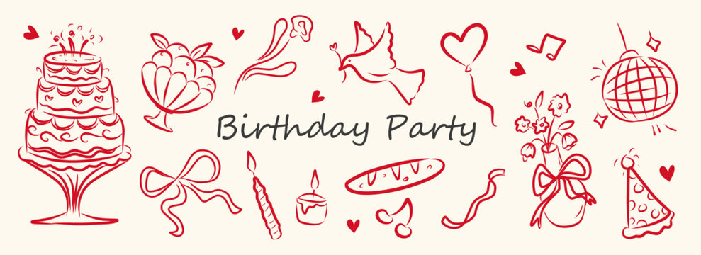 Set of whimsical hand-drawn birthday party food and ribbon illustration in trendy vintage style. Perfect for quirky wedding holiday, dinner and bar menu, bachelorette party, birthday invitation, sign.