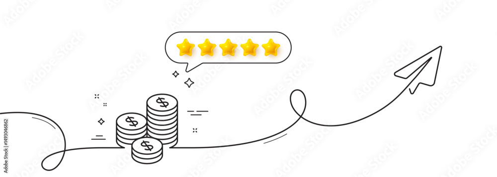 Poster coins money line icon. continuous line with share plane. banking currency sign. cash symbol. five st