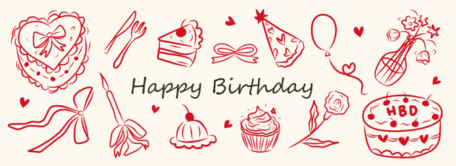 Set of whimsical hand-drawn birthday party food and cake illustration in trendy vintage style. Perfect for quirky wedding holiday, dinner and bar menu, bachelorette party, birthday invitation, sign.