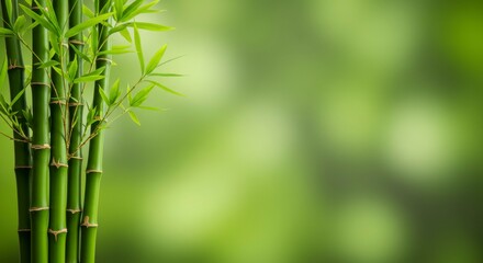 Lush green bamboo stalks with vibrant leaves against a blurred natural backdrop