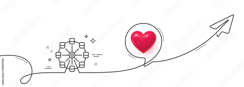 Poster ferris wheel line icon. continuous line with share plane. amusement park sign. carousels symbol. 3d 