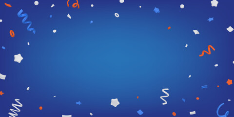 3D confetti on blue background. Isolated blue, red and silver elements. Background design for banner, greeting, sale, 4th of July independence day