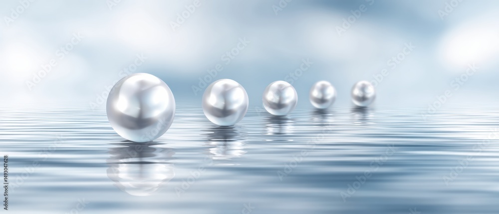 Poster five shiny pearls float on calm, reflective water under a soft, cloudy sky in a serene and minimalis