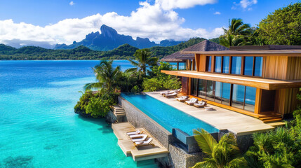 Fototapeta premium Luxury Villa by the Turquoise Sea: A luxurious villa with an infinity pool, overlooking the breathtaking turquoise sea and distant mountains. A harmonious blend of architecture and natural beauty.