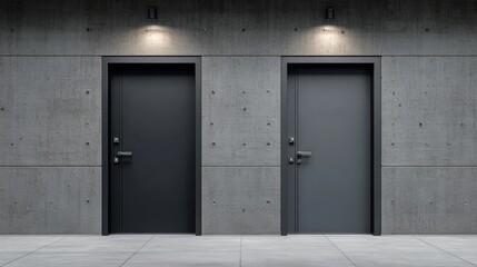 Fototapeta premium Four closed modern doors, each a different shade of gray, are set in a minimalist concrete wall.