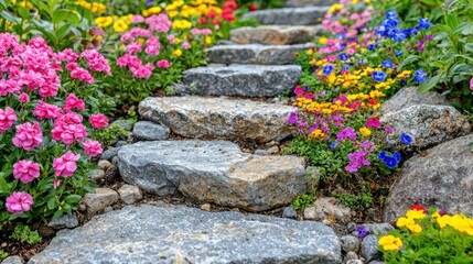 Fototapeta premium Stone steps amidst vibrant, blooming flowerbeds