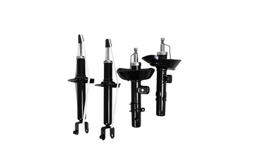 Fototapeta premium Car Shock Absorber or Suspension Struts without coilover, Four black car shock absorber are displayed against a bright white background include clipping path.