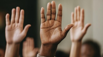 business meeting with diverse executives voting on a decision, majority raising hands on ethical choice while one hesitates, inclusive workplace setting