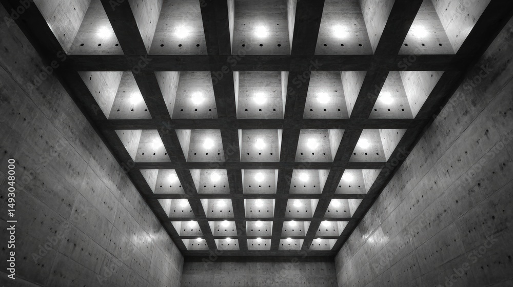 Poster geometric ceiling design with intersecting beams and spotlights, captured in dramatic black and whit
